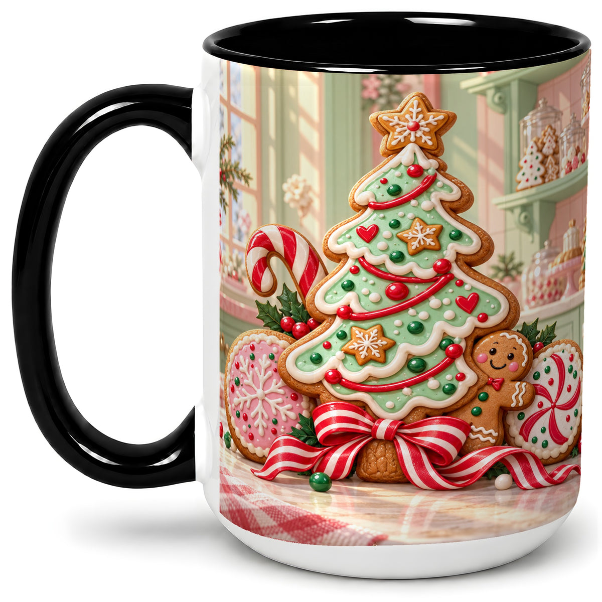 #pl[15oz|Black] Gingerbread Christmas Cookies Ceramic Mug, Festive Holiday Baking Art