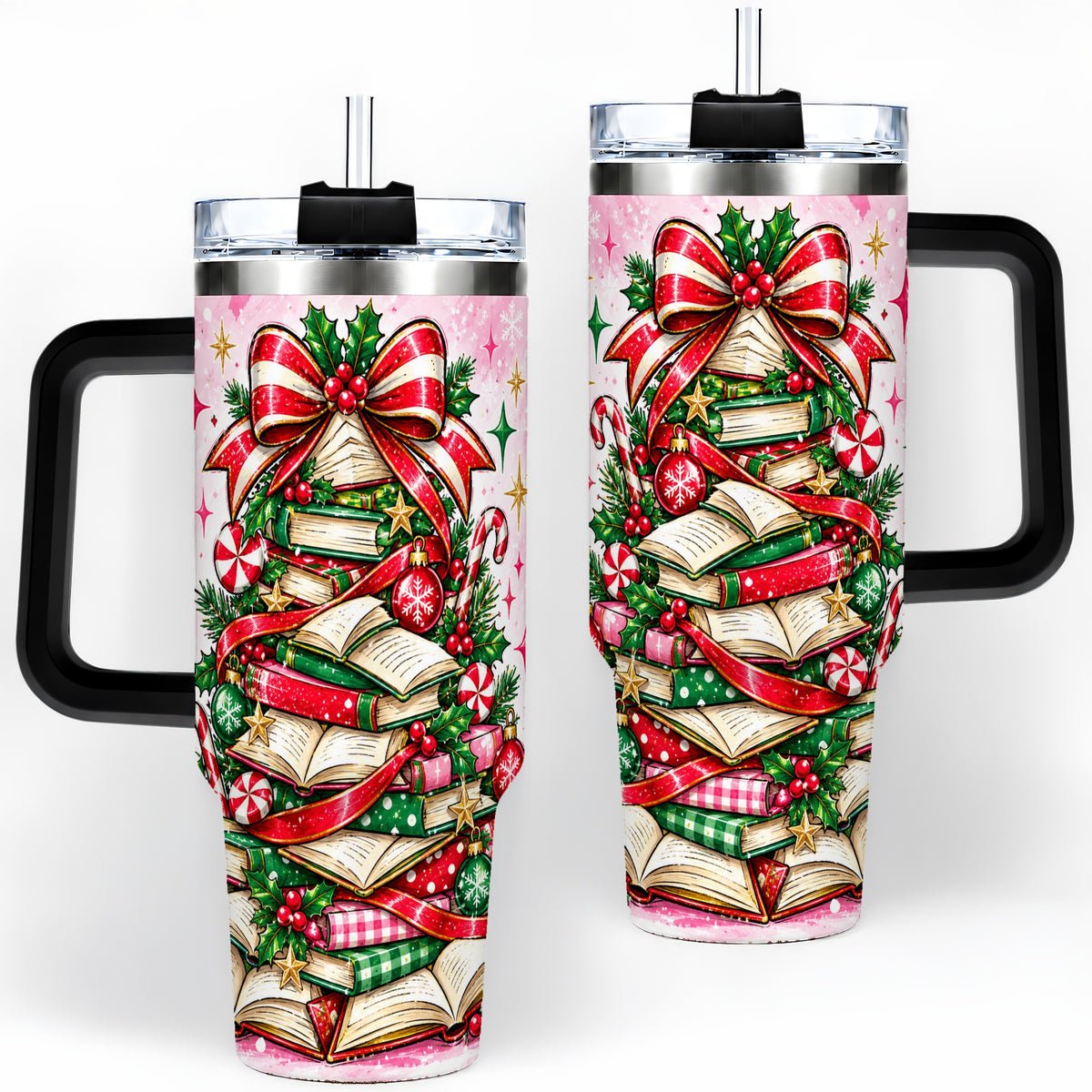 #pl[40oz|Black] Pink Christmas Book Tree 40oz Handled Tumbler, Holiday Books Artwork