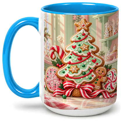 #pl[15oz|Blue] Gingerbread Christmas Cookies Ceramic Mug, Festive Holiday Baking Art