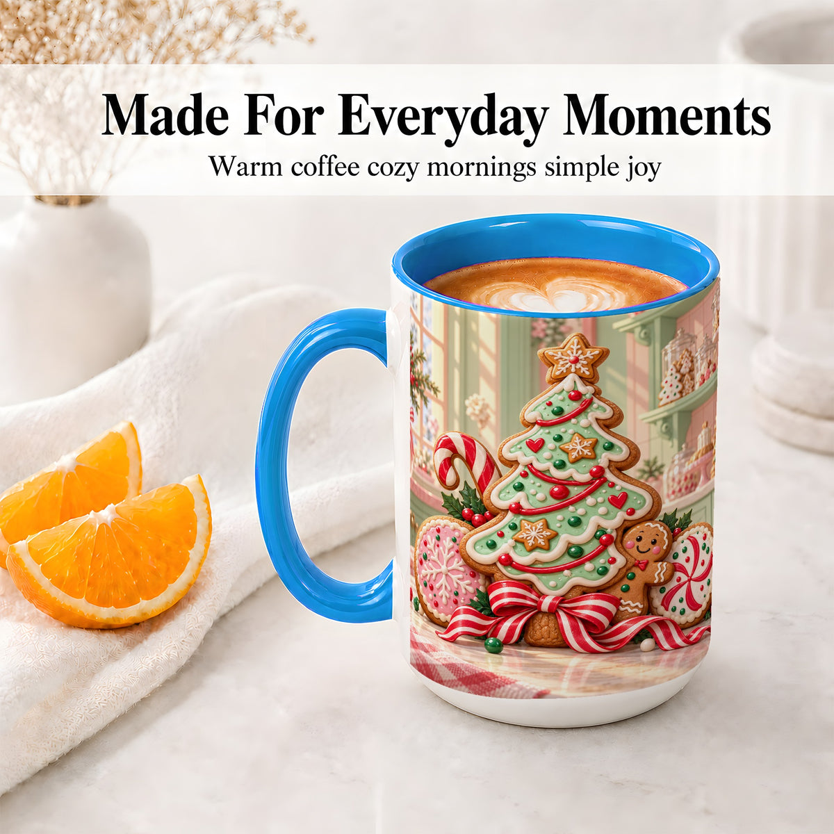#pl[15oz|Blue] Gingerbread Christmas Cookies Ceramic Mug, Festive Holiday Baking Art