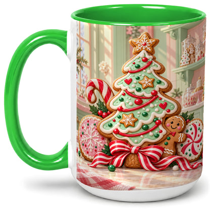 #pl[15oz|Green] Gingerbread Christmas Cookies Ceramic Mug, Festive Holiday Baking Art