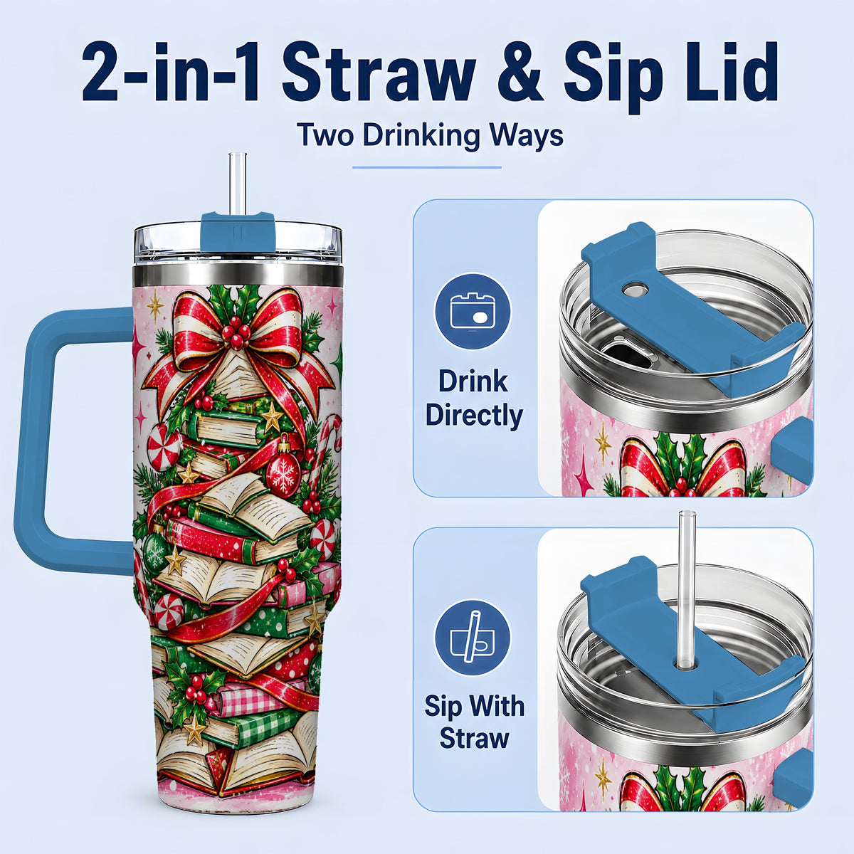 #pl[40oz|Blue] Pink Christmas Book Tree 40oz Handled Tumbler, Holiday Books Artwork