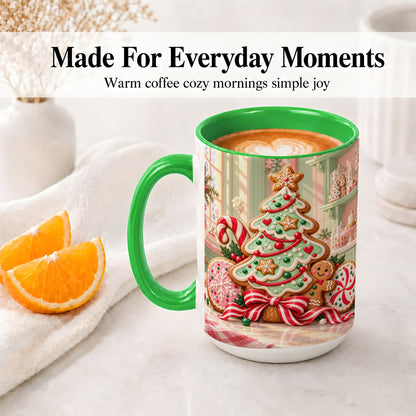 #pl[15oz|Green] Gingerbread Christmas Cookies Ceramic Mug, Festive Holiday Baking Art