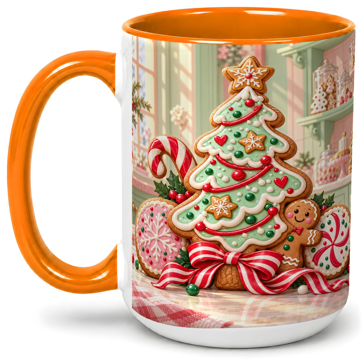 #pl[15oz|Orange] Gingerbread Christmas Cookies Ceramic Mug, Festive Holiday Baking Art