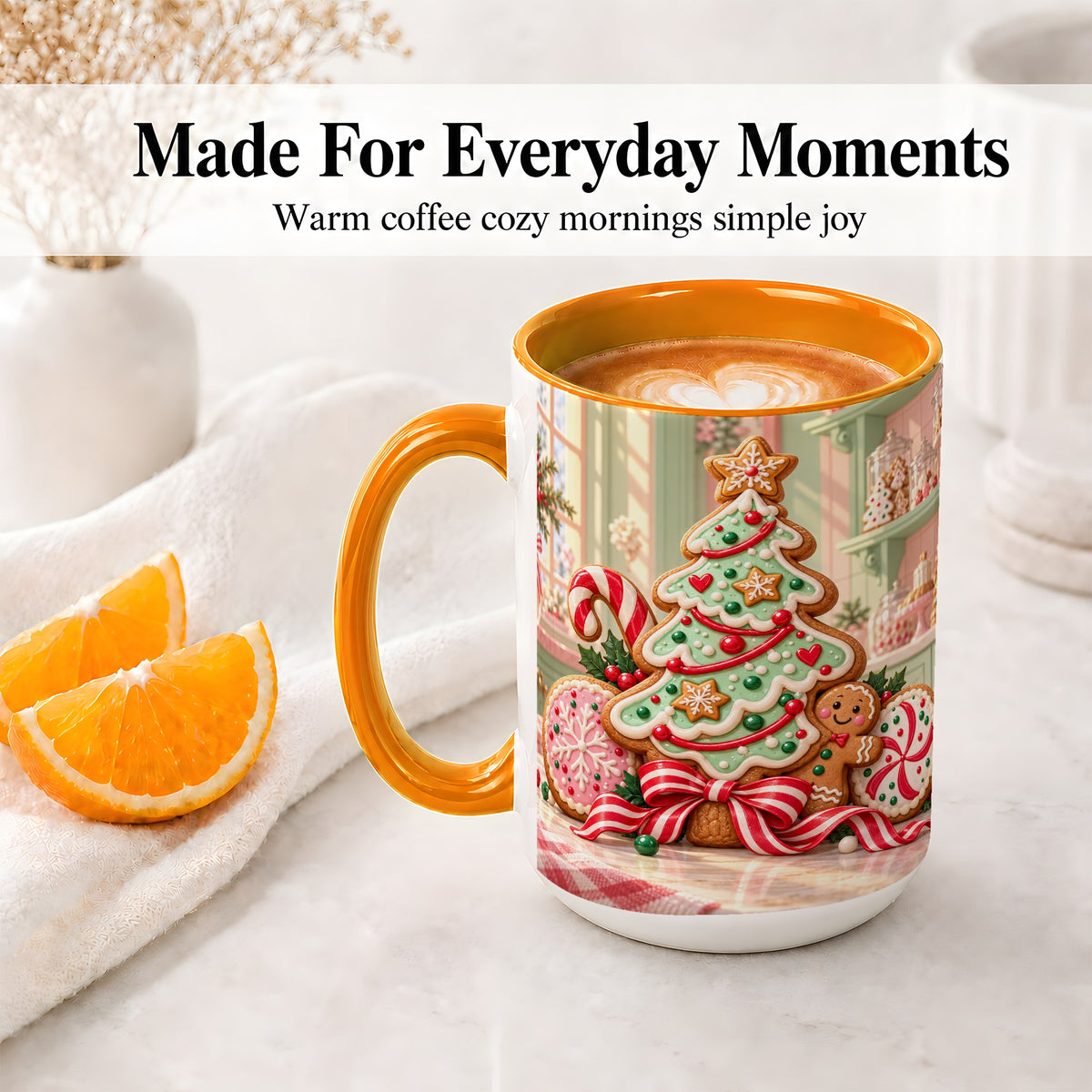 #pl[15oz|Orange] Gingerbread Christmas Cookies Ceramic Mug, Festive Holiday Baking Art