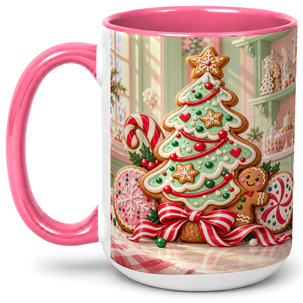#pl[15oz|Pink] Gingerbread Christmas Cookies Ceramic Mug, Festive Holiday Baking Art