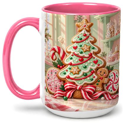 #pl[15oz|Pink] Gingerbread Christmas Cookies Ceramic Mug, Festive Holiday Baking Art