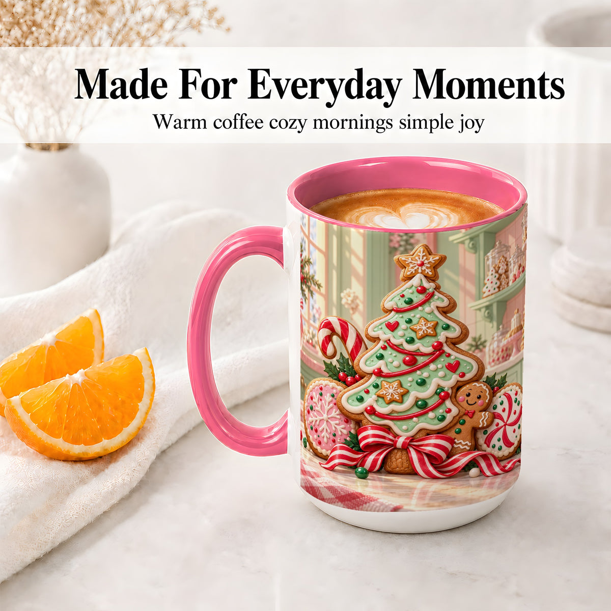#pl[15oz|Pink] Gingerbread Christmas Cookies Ceramic Mug, Festive Holiday Baking Art