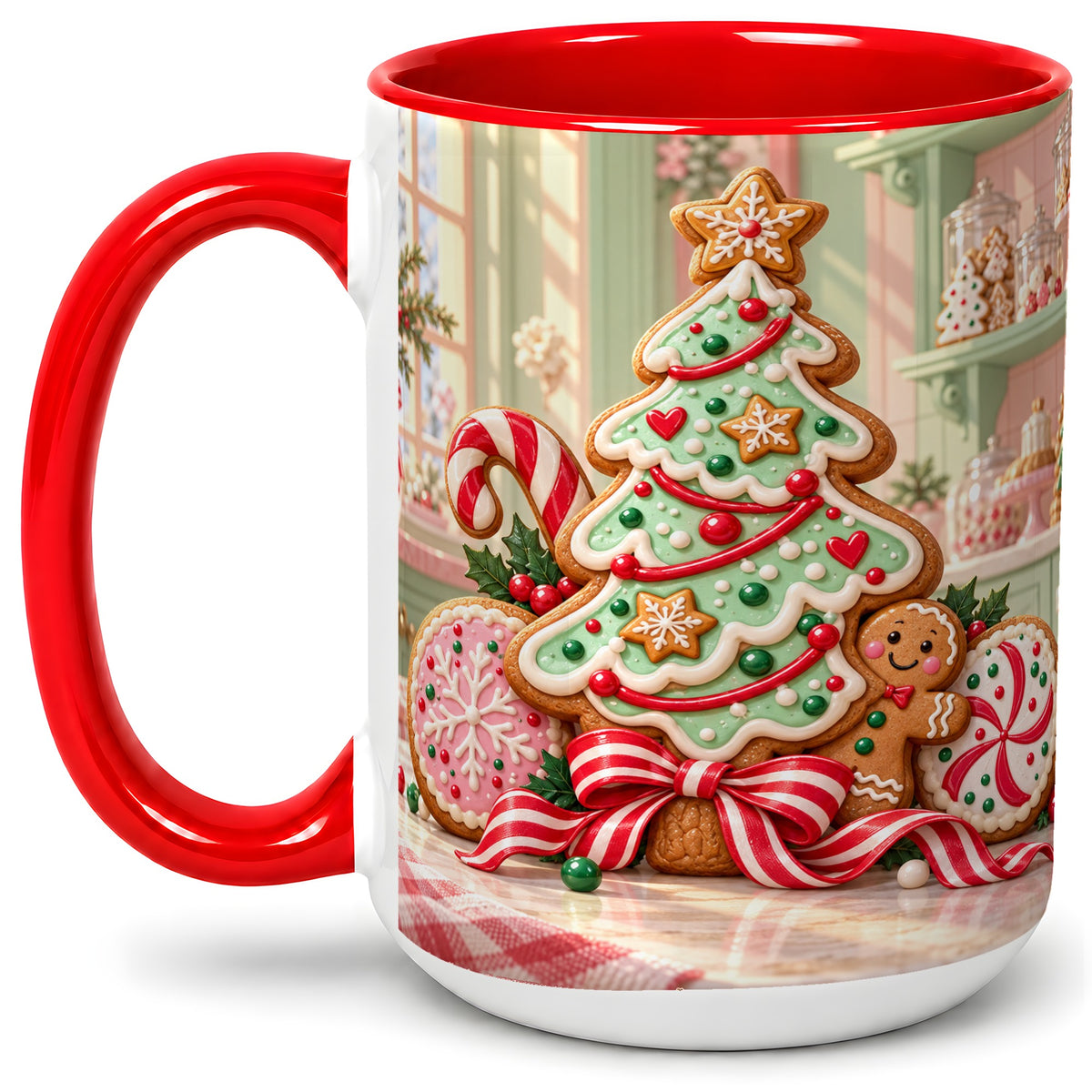 #pl[15oz|Red] Gingerbread Christmas Cookies Ceramic Mug, Festive Holiday Baking Art