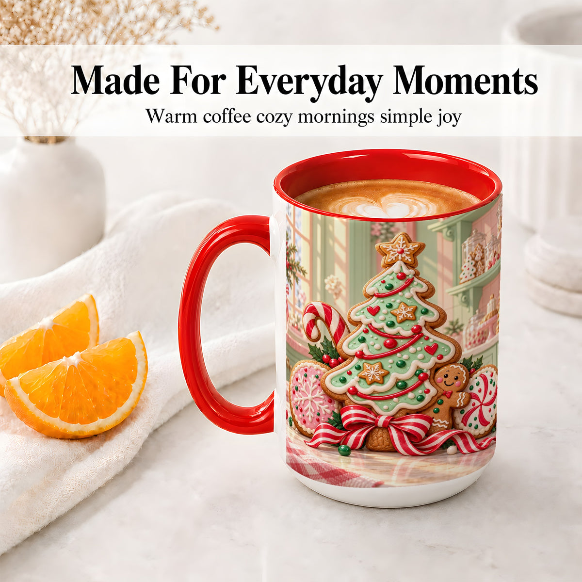 #pl[15oz|Red] Gingerbread Christmas Cookies Ceramic Mug, Festive Holiday Baking Art