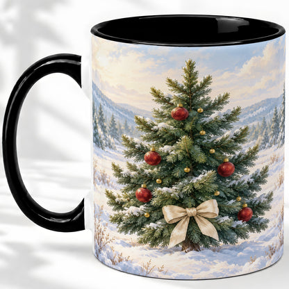 #pl[11oz|Black] Snowy Christmas Tree Ceramic Mug, Rustic Winter Mountain Landscape