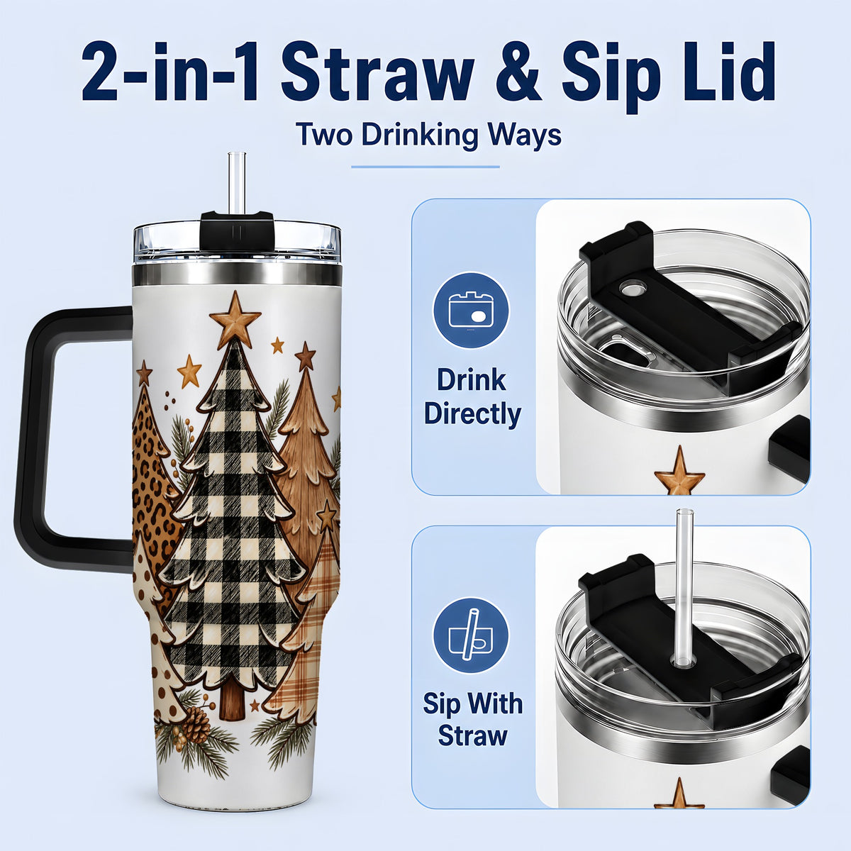 #pl[40oz|Black] Patterned Christmas Trees 40oz Handled Tumbler, Neutral Holiday Artwork