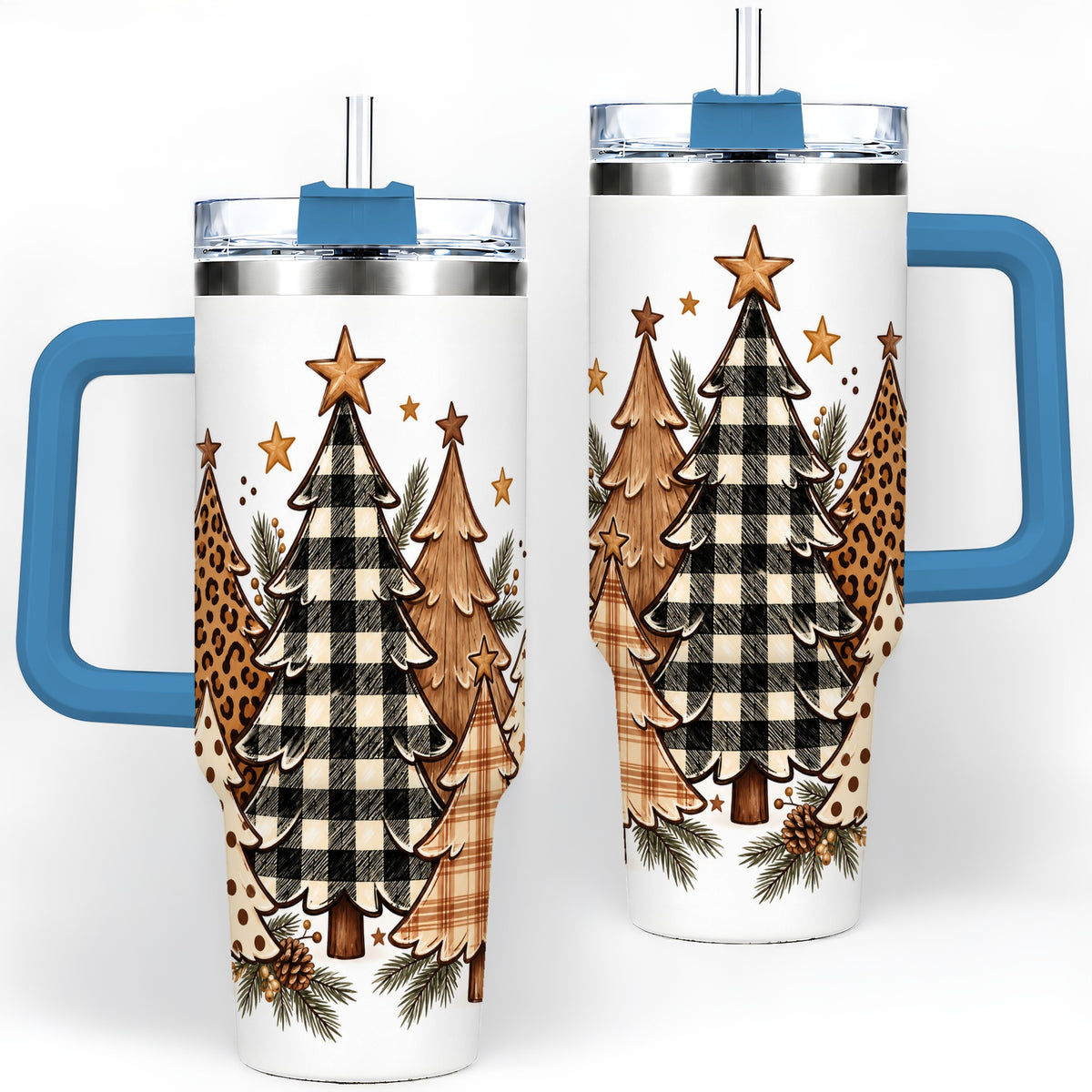 #pl[40oz|Blue] Patterned Christmas Trees 40oz Handled Tumbler, Neutral Holiday Artwork
