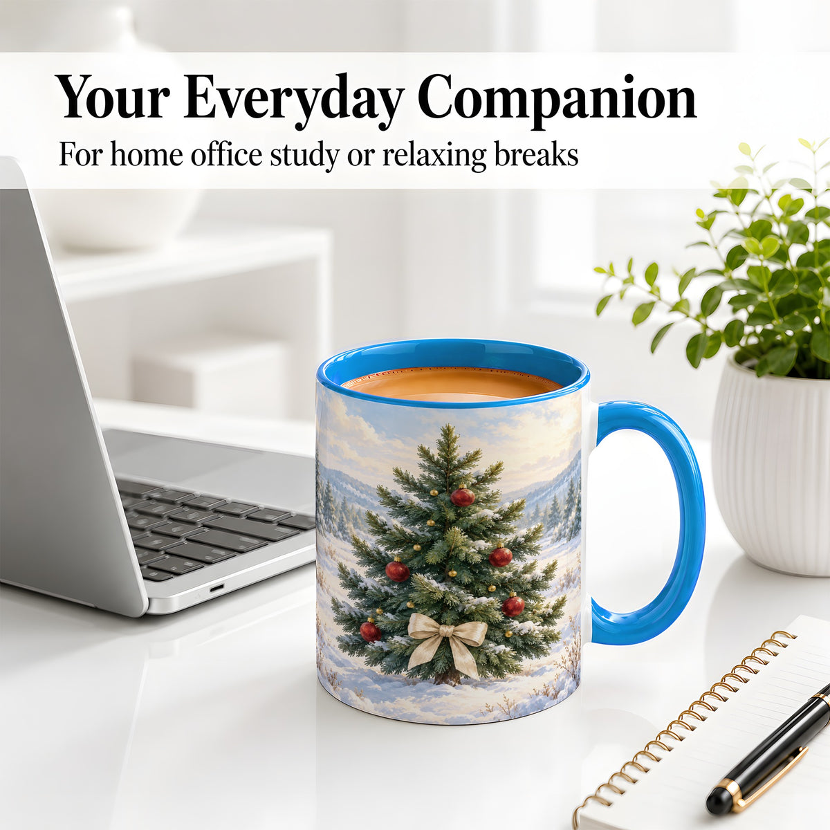 #pl[11oz|Blue] Snowy Christmas Tree Ceramic Mug, Rustic Winter Mountain Landscape