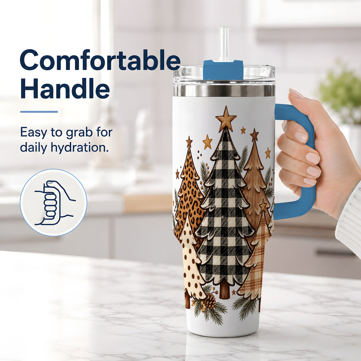 #pl[40oz|Blue] Patterned Christmas Trees 40oz Handled Tumbler, Neutral Holiday Artwork