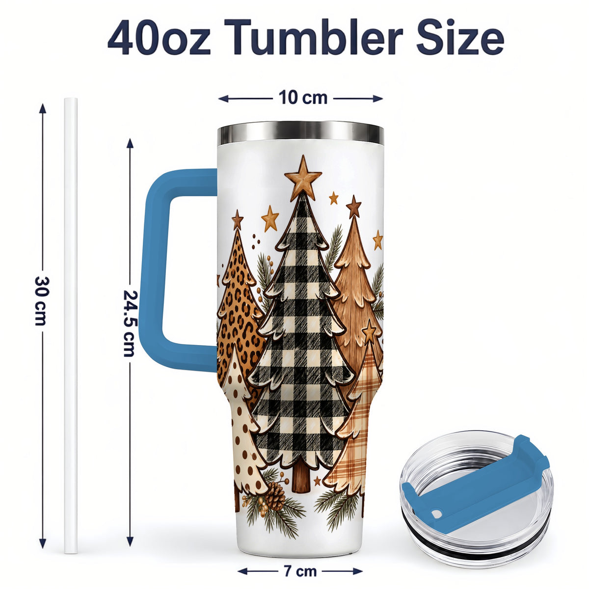 #pl[40oz|Blue] Patterned Christmas Trees 40oz Handled Tumbler, Neutral Holiday Artwork