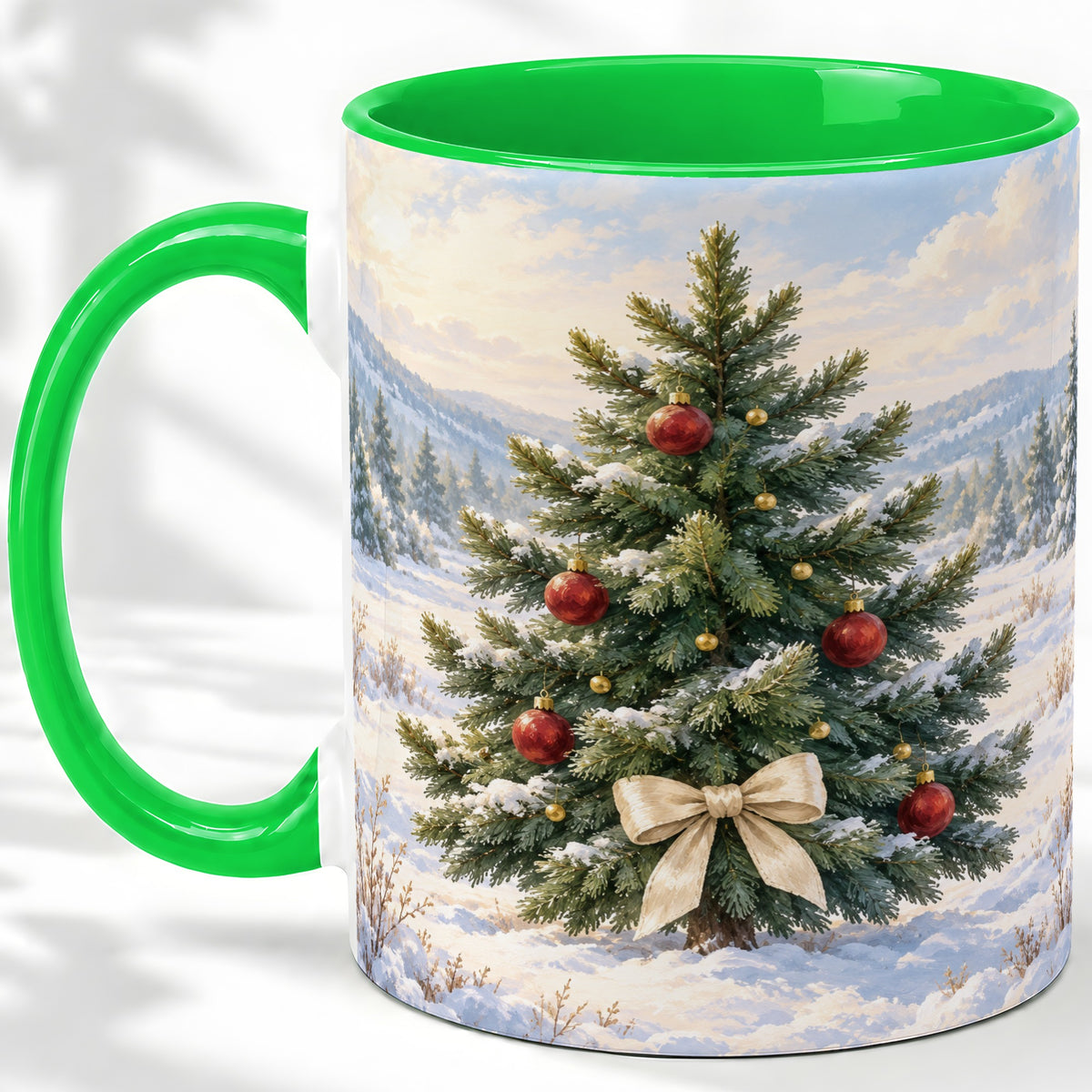 #pl[11oz|Green] Snowy Christmas Tree Ceramic Mug, Rustic Winter Mountain Landscape