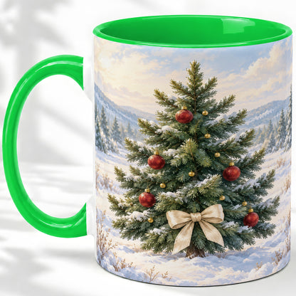 #pl[11oz|Green] Snowy Christmas Tree Ceramic Mug, Rustic Winter Mountain Landscape