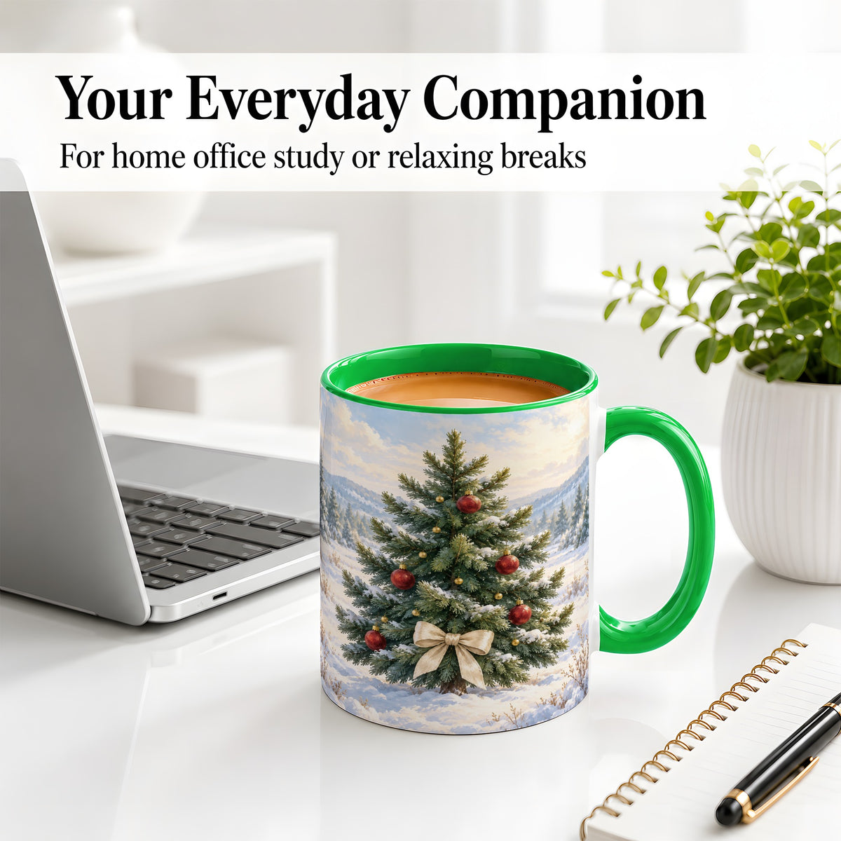 #pl[11oz|Green] Snowy Christmas Tree Ceramic Mug, Rustic Winter Mountain Landscape