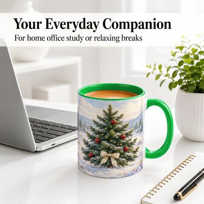 #pl[11oz|Green] Snowy Christmas Tree Ceramic Mug, Rustic Winter Mountain Landscape