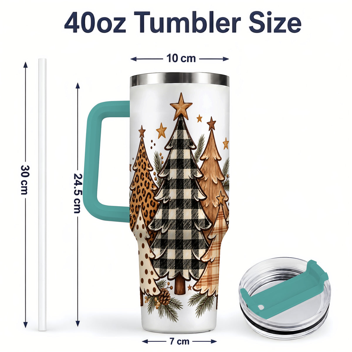 #pl[40oz|Green] Patterned Christmas Trees 40oz Handled Tumbler, Neutral Holiday Artwork