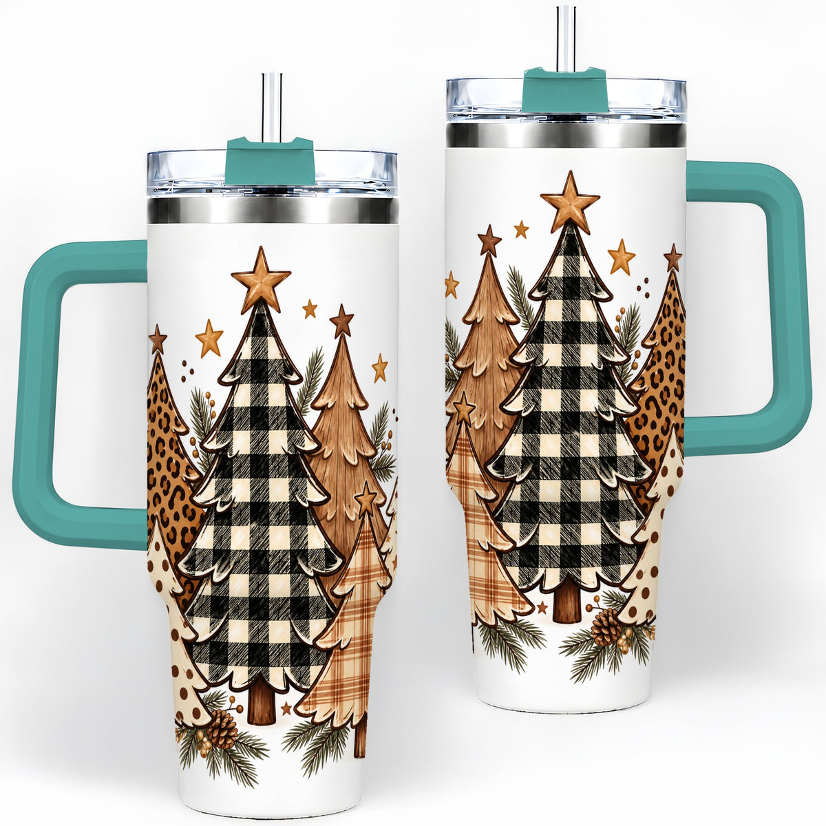 #pl[40oz|Green] Patterned Christmas Trees 40oz Handled Tumbler, Neutral Holiday Artwork