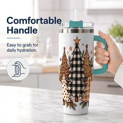 #pl[40oz|Green] Patterned Christmas Trees 40oz Handled Tumbler, Neutral Holiday Artwork