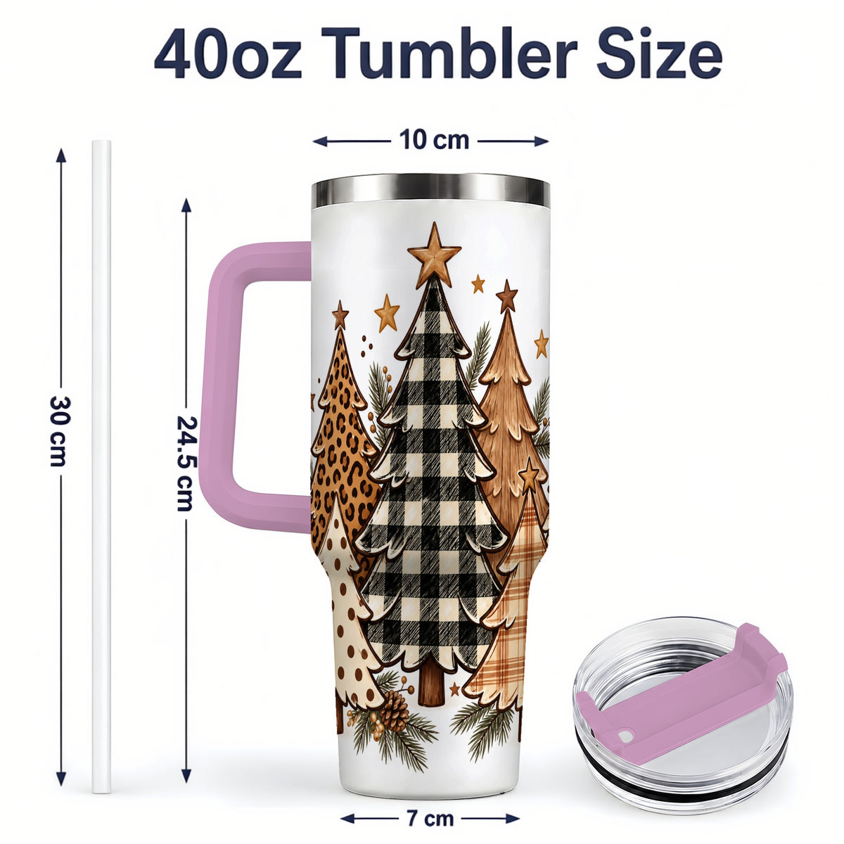 #pl[40oz|Pink] Patterned Christmas Trees 40oz Handled Tumbler, Neutral Holiday Artwork