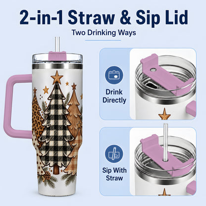 #pl[40oz|Pink] Patterned Christmas Trees 40oz Handled Tumbler, Neutral Holiday Artwork