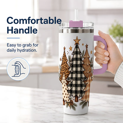 #pl[40oz|Pink] Patterned Christmas Trees 40oz Handled Tumbler, Neutral Holiday Artwork