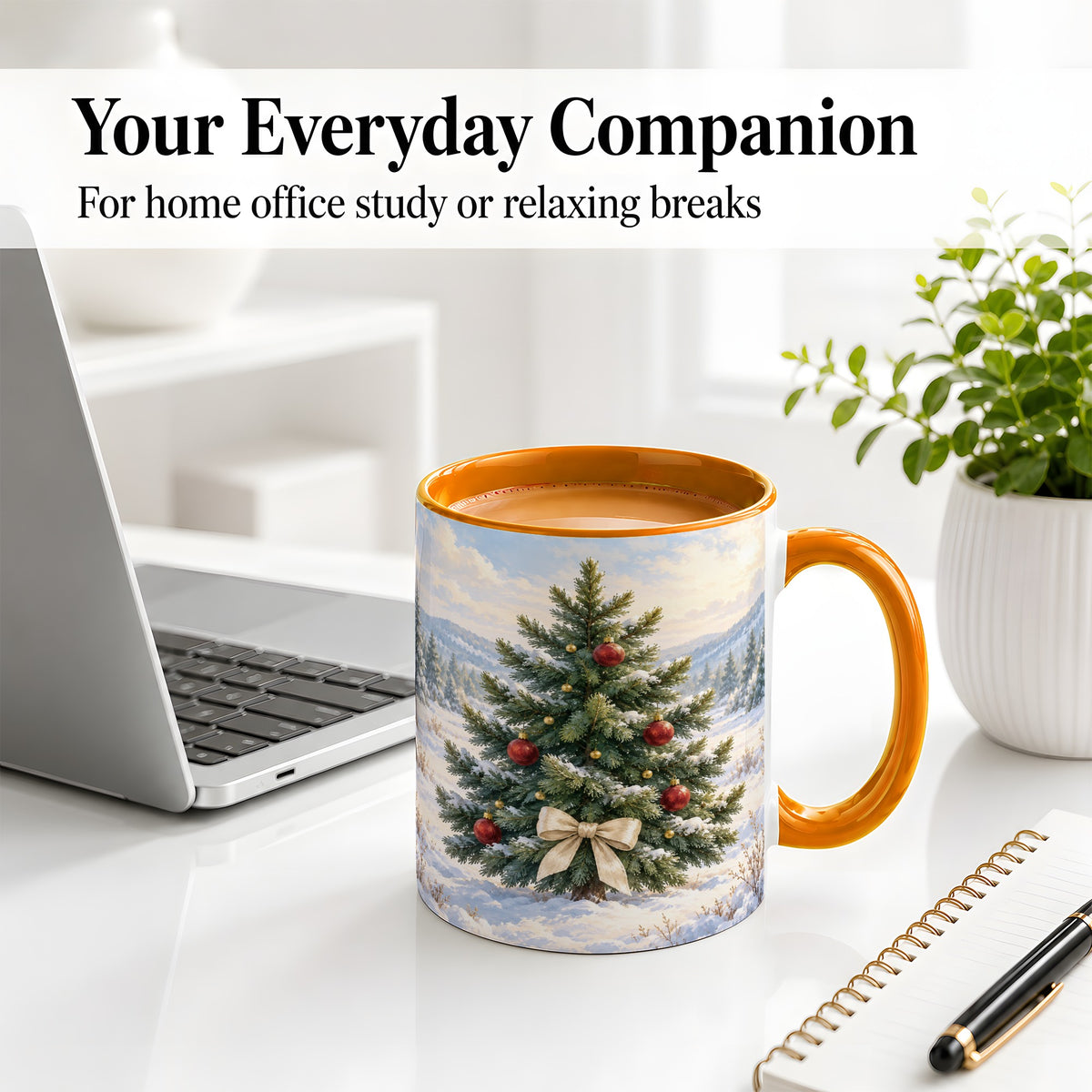 #pl[11oz|Orange] Snowy Christmas Tree Ceramic Mug, Rustic Winter Mountain Landscape