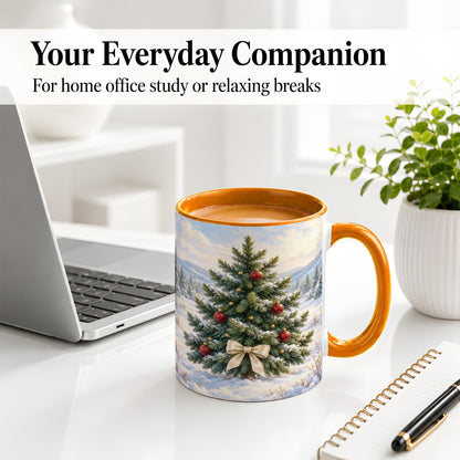 #pl[11oz|Orange] Snowy Christmas Tree Ceramic Mug, Rustic Winter Mountain Landscape