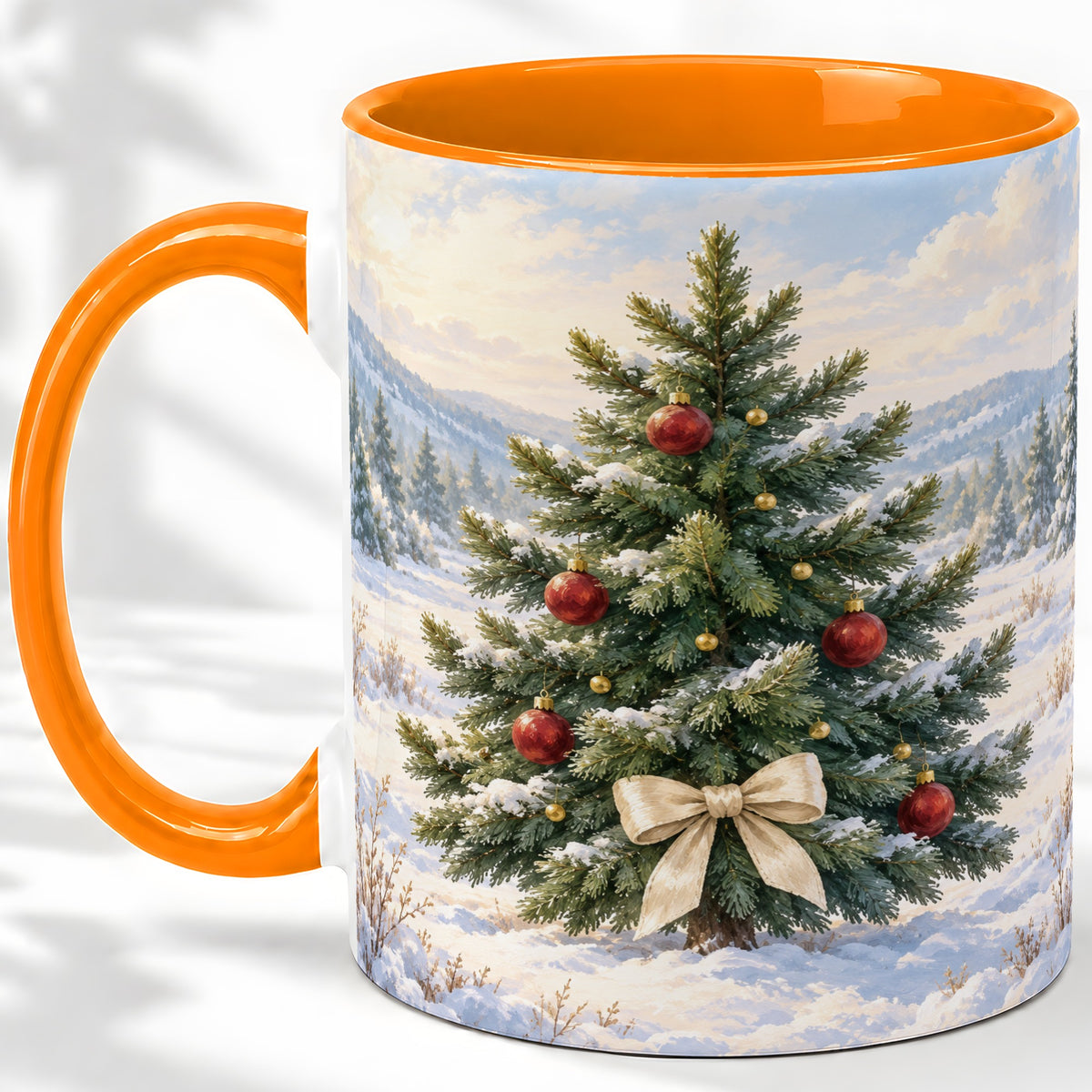 #pl[11oz|Orange] Snowy Christmas Tree Ceramic Mug, Rustic Winter Mountain Landscape