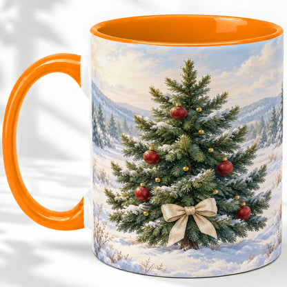 #pl[11oz|Orange] Snowy Christmas Tree Ceramic Mug, Rustic Winter Mountain Landscape