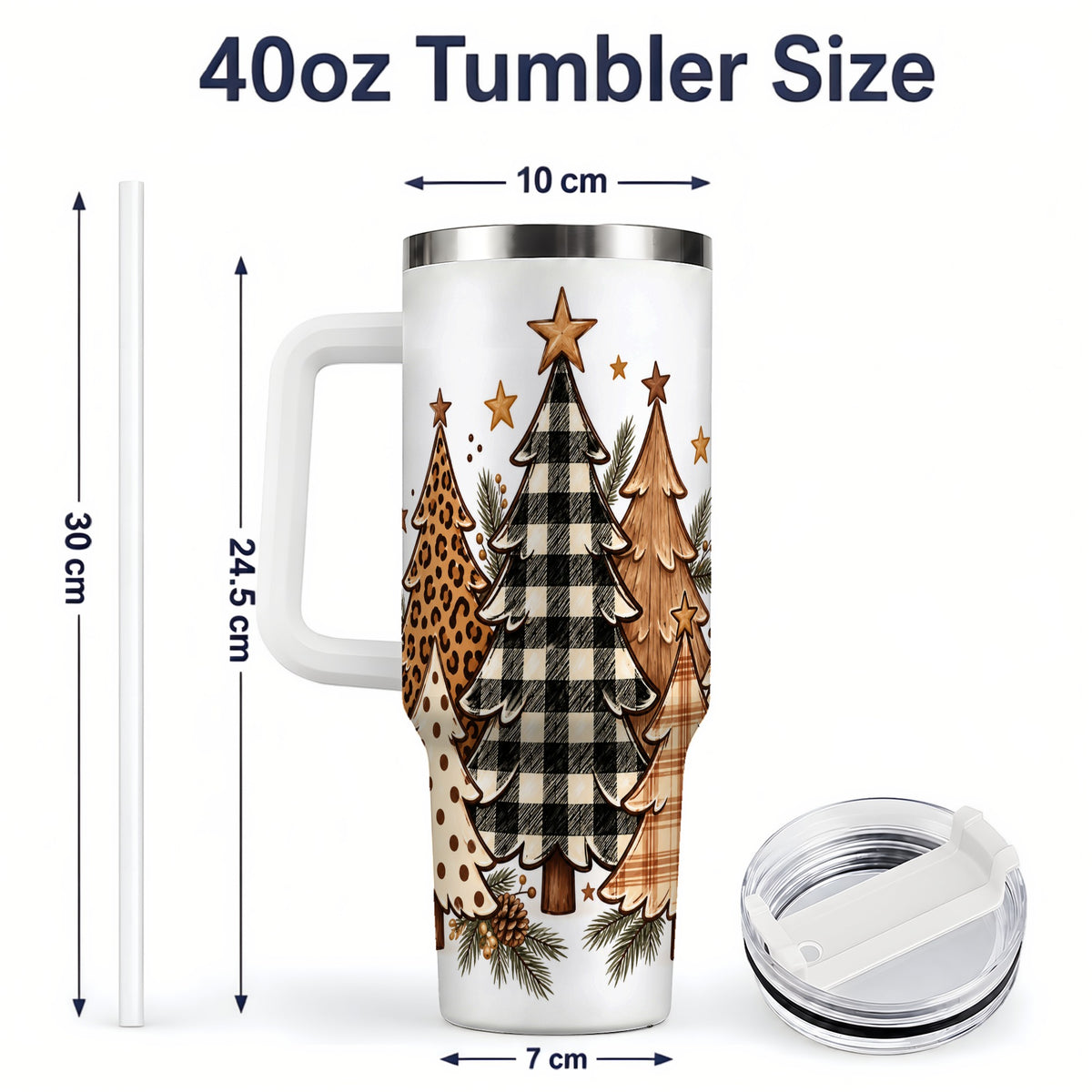 #pl[40oz|White] Patterned Christmas Trees 40oz Handled Tumbler, Neutral Holiday Artwork