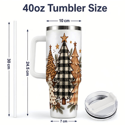 #pl[40oz|White] Patterned Christmas Trees 40oz Handled Tumbler, Neutral Holiday Artwork