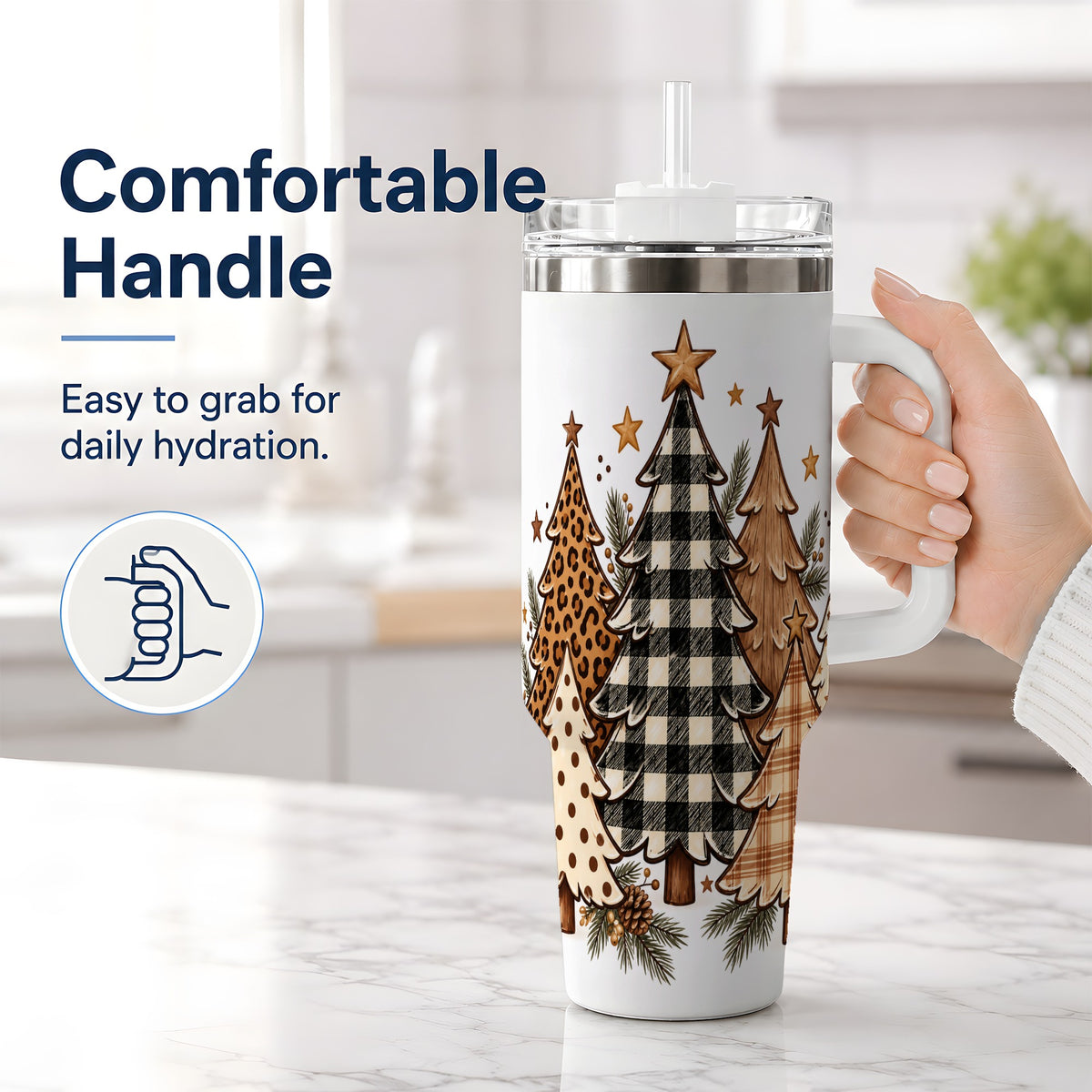 #pl[40oz|White] Patterned Christmas Trees 40oz Handled Tumbler, Neutral Holiday Artwork
