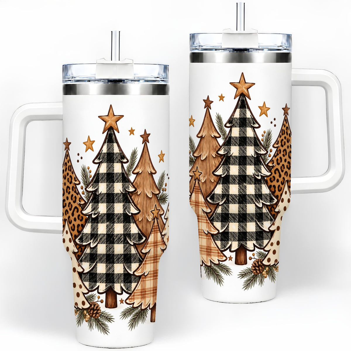 Patterned Christmas Trees 40oz Handled Tumbler, Neutral Holiday Artwork