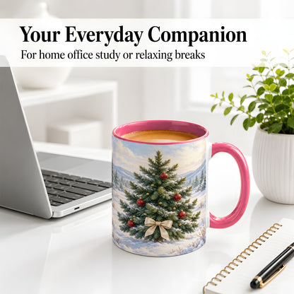 #pl[11oz|Pink] Snowy Christmas Tree Ceramic Mug, Rustic Winter Mountain Landscape