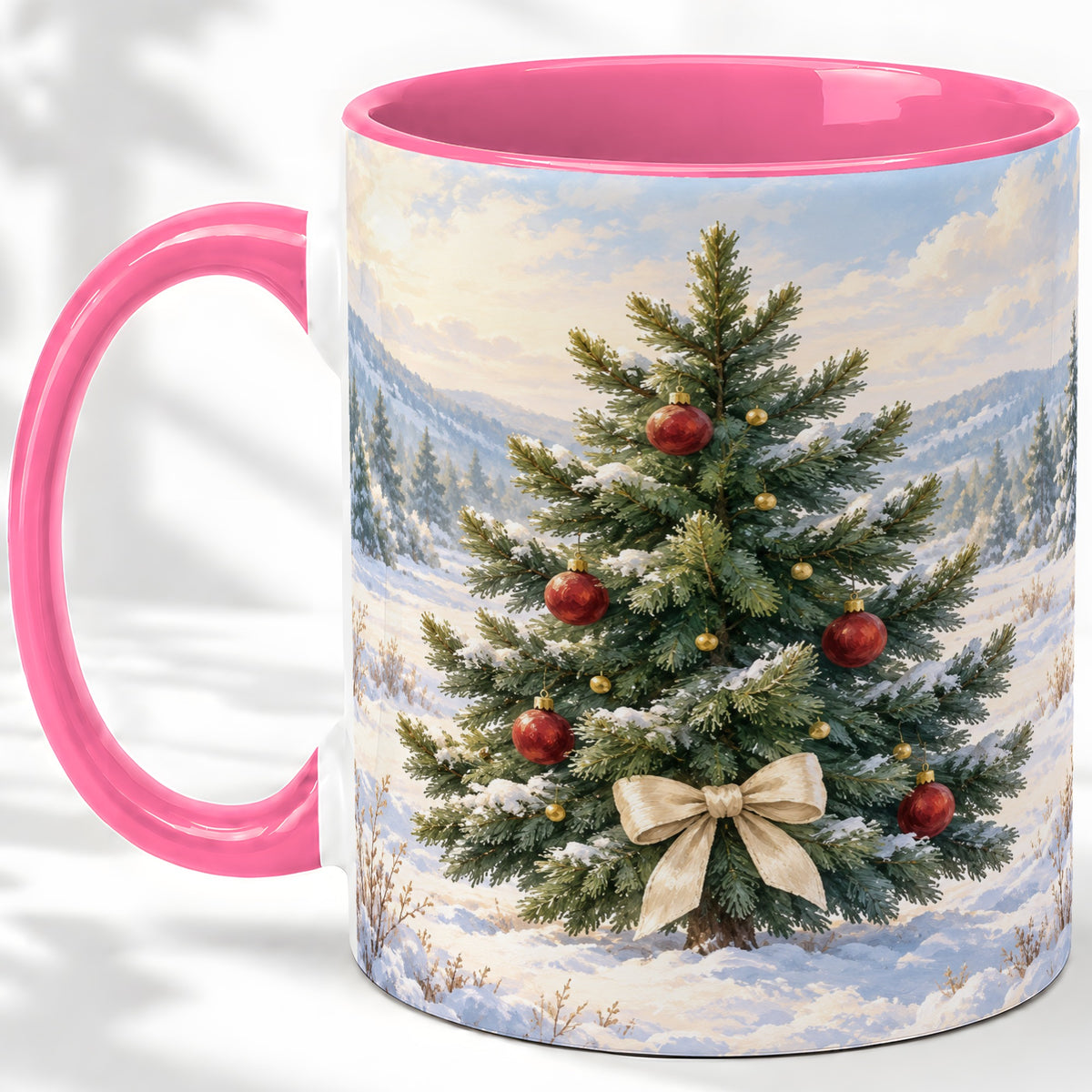 #pl[11oz|Pink] Snowy Christmas Tree Ceramic Mug, Rustic Winter Mountain Landscape
