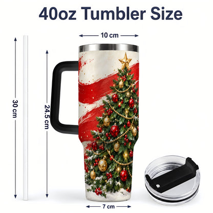 #pl[40oz|Black] Classic Christmas Tree 40oz Handled Tumbler, Red Gold Holiday Artwork
