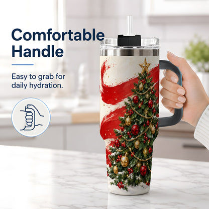 #pl[40oz|Black] Classic Christmas Tree 40oz Handled Tumbler, Red Gold Holiday Artwork