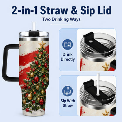 #pl[40oz|Black] Classic Christmas Tree 40oz Handled Tumbler, Red Gold Holiday Artwork