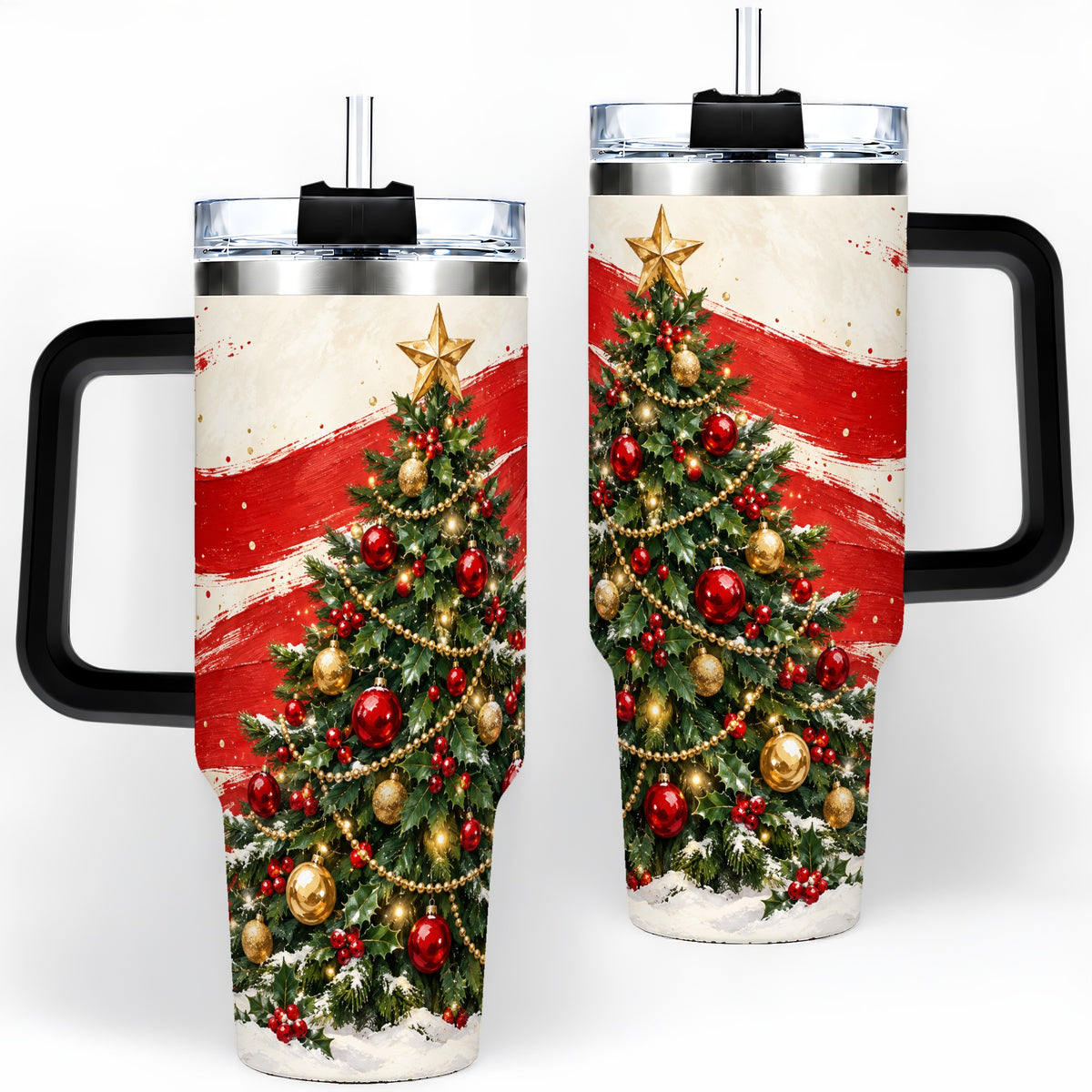 #pl[40oz|Black] Classic Christmas Tree 40oz Handled Tumbler, Red Gold Holiday Artwork