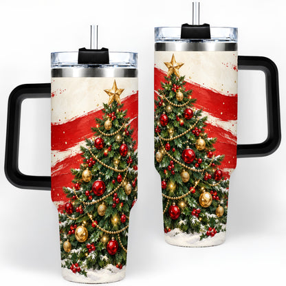 #pl[40oz|Black] Classic Christmas Tree 40oz Handled Tumbler, Red Gold Holiday Artwork