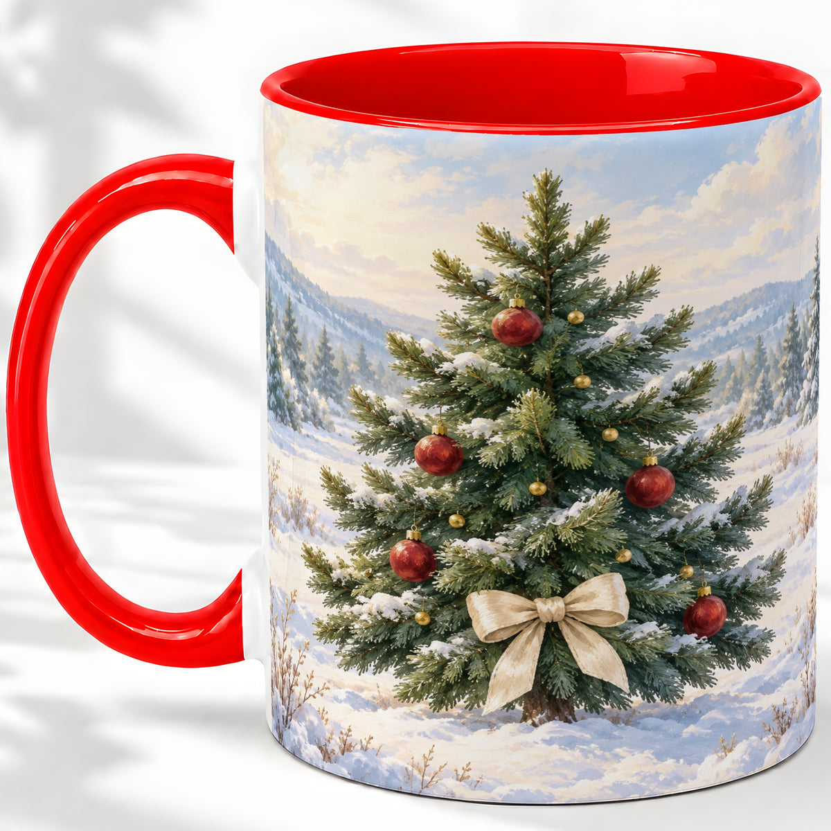 Snowy Christmas Tree Ceramic Mug, Rustic Winter Mountain Landscape