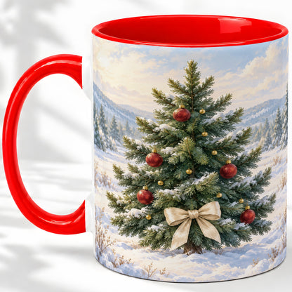 Snowy Christmas Tree Ceramic Mug, Rustic Winter Mountain Landscape