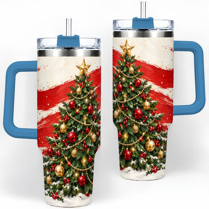 #pl[40oz|Blue] Classic Christmas Tree 40oz Handled Tumbler, Red Gold Holiday Artwork