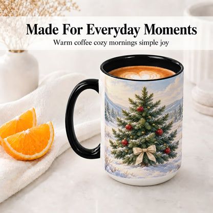 #pl[15oz|Black] Snowy Christmas Tree Ceramic Mug, Rustic Winter Mountain Landscape