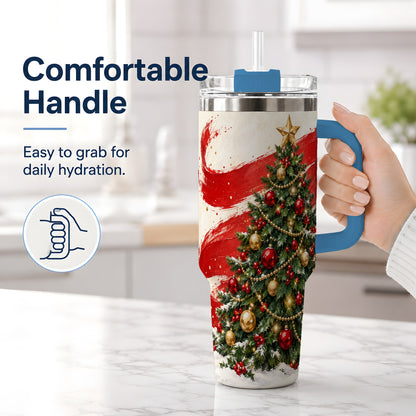 #pl[40oz|Blue] Classic Christmas Tree 40oz Handled Tumbler, Red Gold Holiday Artwork